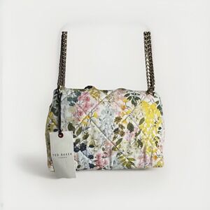 NWT TED BAKER Ginn Marie Gold chain  Flap CrossBody Bag Floral Applique Quilted‎